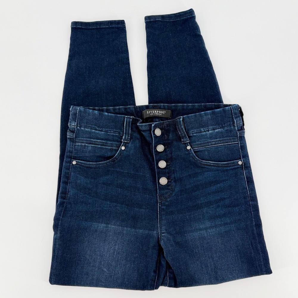 LIVERPOOL LOS ANGELES Gia Glider High Rise Skinny Jeans Exposed Button Dark Wash